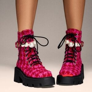 Betsey Johnson Pink Lace Up Boots with Pearl Details